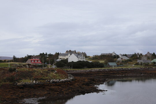 landscape of the river and village, lochmaddy, north uist, hebrides, scotland