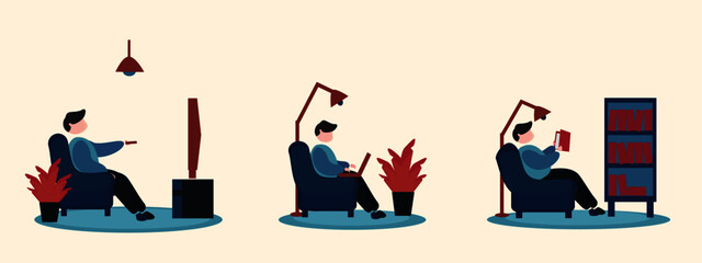 illustration of man doing leisure activities in the home, simple picture, watching tv, reading a book, and work on laptop