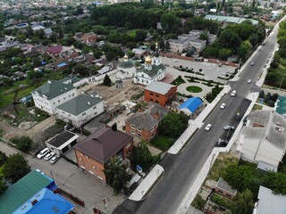 Christian temple in the center of the village from above