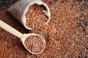 Flax seeds in wooden spoon and linen bag.