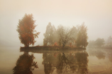 dull autumn landscape. a small island with trees in dense fog in the middle of a lake with a reflection on the water surface. sad colors of late fall