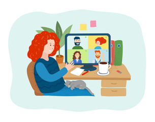 Young woman having videoconference. Video conference from home for online meetings and work with colleagues. Monitor with people during corporate video call. Vector flat illustration