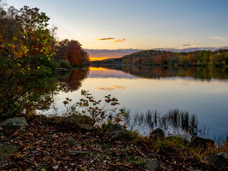 Sunset Over Keystone Lake in West Moreland Country in the Laurel Highlands of Pennsylvania In the...