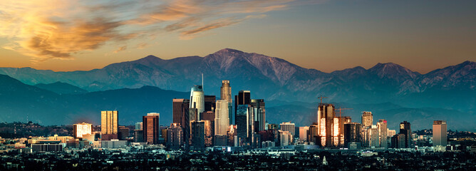 Los Angeles skyline sunset - obrazy, fototapety, plakaty