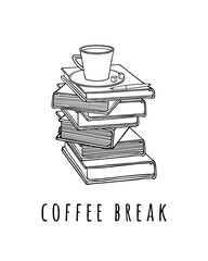 Book stack with a coffee cup and a pen. Hand drawn black and white illustration coffee break or coffee time. - 387593560