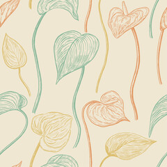 Anthurium flowers seamless pattern. Hand drawn vector illustration. Realistic tropical botanical background. Exotic plant sketches. Colored contour vintage design for print, fabric, textile, wallpaper