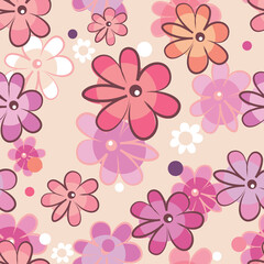 Vector cartoon flowers on a dark background in seamless pattern