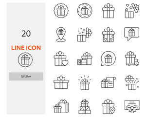 set of gift box thin line icons, present, birthday gift, christmas gift