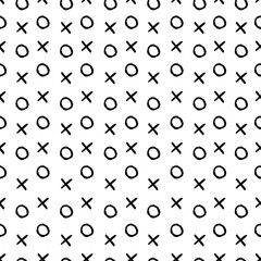 Abstract hand drawn vector seamless pattern. Simple background with crosses and circles. Black outline wallpaper isolated on transparent. Universal design for print, wrapping, fabric, textile, decor.