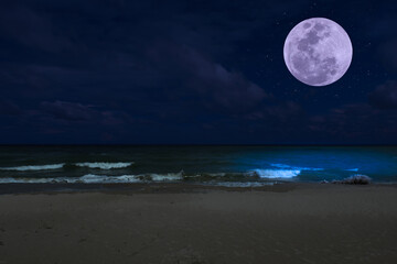 Full moon over the sea at night.