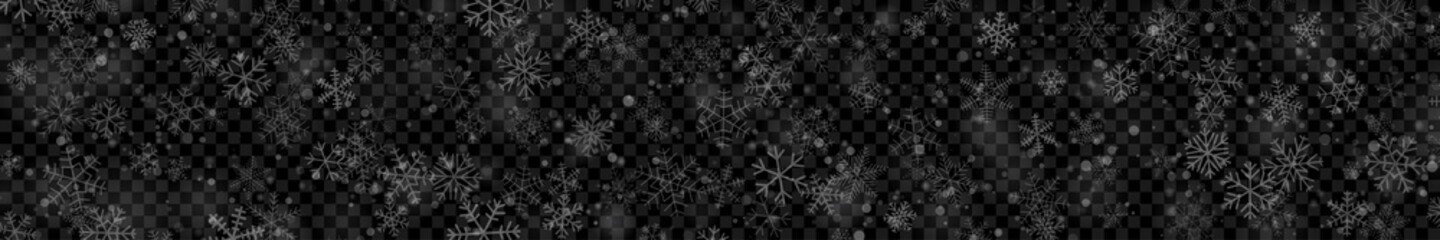 Christmas banner of snowflakes of different shapes, sizes and transparency in white colors on transparent background