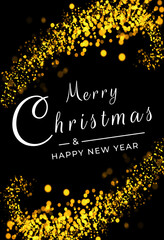 Merry Christmas postcard banner, decorations on black background