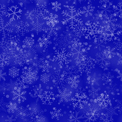 Fototapeta na wymiar Christmas seamless pattern of snowflakes of different shapes, sizes and transparency, on blue background