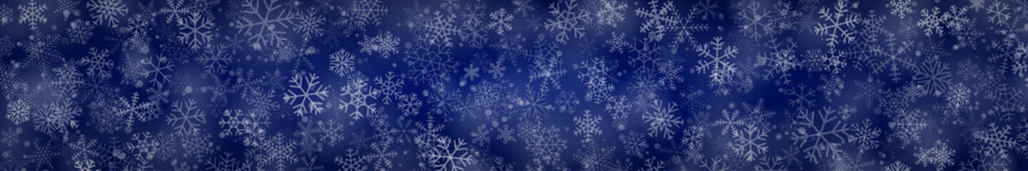 Fototapeta na wymiar Christmas banner of snowflakes of different shapes, sizes and transparency on blue background