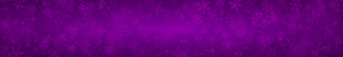 Naklejka na ściany i meble Christmas banner of snowflakes of different shapes, sizes and transparency on purple background