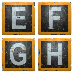 Public road sign orange and black color with a capital set of letters E, F, G, H in the center isolated on white background. 3d