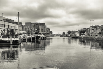 Black and white shot of the beautiful city of Alkmaar, the cheese city of the Netherlands in the province of North Holland