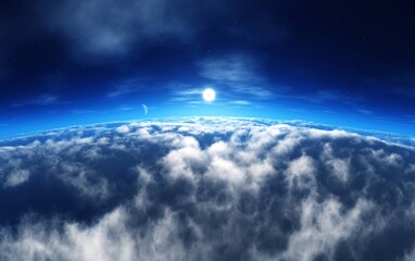 Naklejka na ściany i meble View above the clouds, sunrise above the clouds, flying in the sky, 3D rendering
