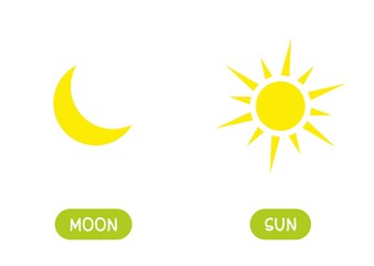 MOON and SUN antonyms word card vector template. Flashcard for english language learning. Opposites concept.