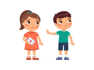 A little girl gives the boy a love letter and is rejected. First love concept. Child psychology. Broken heart. Cartoon characters. Flat vector illustration.