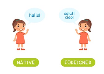 NATIVE and FOREIGNER antonyms word card vector template. Flashcard for english language learning. Opposites concept. Little girl greets in English, the child speaks a foreign language.