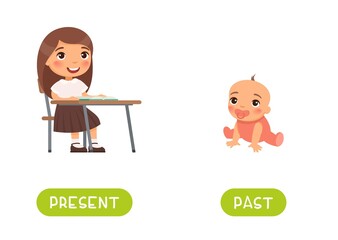 PRESENT and PAST antonyms word card vector template. Flashcard for english language learning. Opposites concept. Schoolgirl is sitting at a school desk, little girl is sitting 