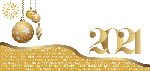 2021 - Carte de voeux multilingues décorées de boules de Noël or et d’un symbole étoile sur fond blanc - traduction de texte: bonne année.