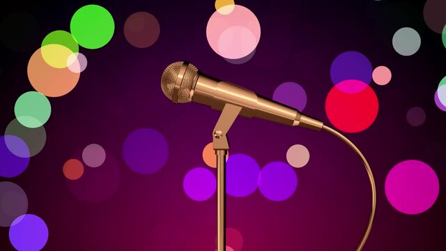 Golden microphone rotating on a stand. Colorful confetti falling background. Seamless looping