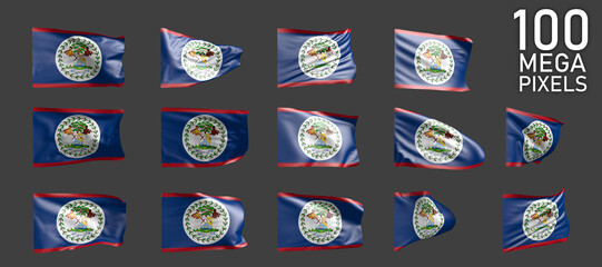 Belize flag isolated - various pictures of the waving flag on grey background - object 3D illustration