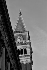 Venice, Italy, December 28, 2018 evocative black and white image of the bell tower of the Basilica di San Marco, detail
