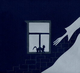 kitten in the window of the house, night cartoon illustration