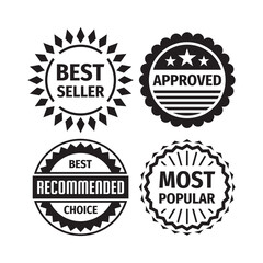 Badge set - best seller, approved, best choice recommended, most popular. Concept business logo emblem sticker collection. Monochrome black color. Vector illustration. 