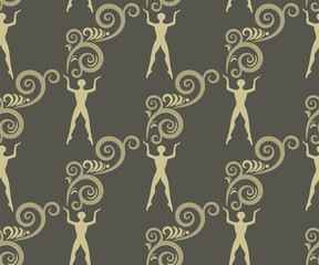 Seamless pattern dancing silhouettes, hand drawn illustration. Party label template. Creative background with ballerina