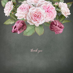 Floral card with copy space. Blush pink roses and carmine tulips on dark textured grange background. Bouquet of garden flowers.