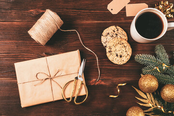 Homemade wrapping of Christmas gifts with eco paper