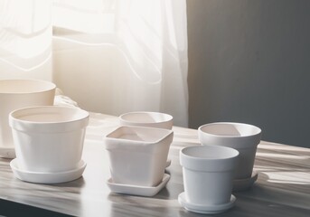 white ceramic pots on the wooden table. Concept of home gardening.