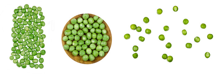 Fresh green peas isolated on white background. Clipping path, top view