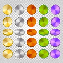 3d set of colored blank coin tokens or icons. Gold, silver, copper, nephrite and purple