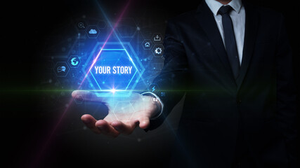 Man hand holding YOUR STORY inscription, social media concept