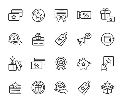 Vector set of loyalty program line icons. Contains icons cashback, bonus card, discount coupon, promotion, gift certificate, rewards program and more. Pixel perfect.