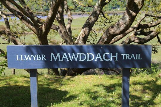 The Mawddach Trail sign at Penmaenpool, Gwynedd, Wales, UK.