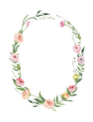 Watercolor floral illustration - leaves and branches frame with flowers and leaves for wedding stationary, greetings, wallpapers, background. Roses, green leaves. High quality illustration
