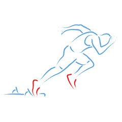 Stylized vector illustration with athlete sprinting at the starting blocks