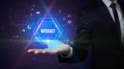 Man hand holding INTERACT inscription, social media concept