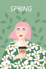 Obraz na płótnie Canvas Spring Girl Drinking Coffee Outdoors Poster