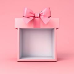 Sweet exhibition booth blank gift box stand with pink pastel color ribbon bow isolated on pink background minimal conceptual 3D rendering