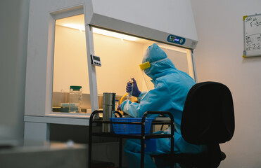 A scientist in PPE safty uniform pipetting sample experiment in biological safety cabinet (BSC).