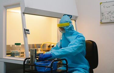 A scientist in PPE safty uniform pipetting sample experiment in biological safety cabinet (BSC).