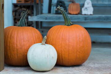 Pumpkins on a rural porch.
