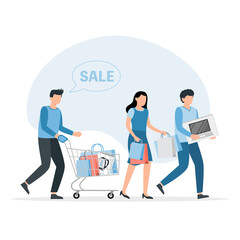 People shopping with shop bags and Carts. Big sale.